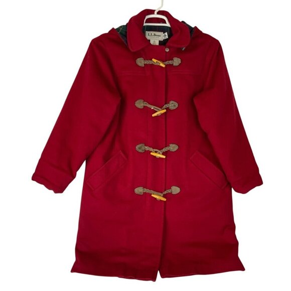 LL Bean Womens Red Wool Duffle Coat Size 6 Plaid Lining Toggle Buttons USA - Picture 1 of 9